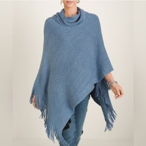 NWT Chico's Blue Shine Fringe Shimmer Cowl Neck Poncho